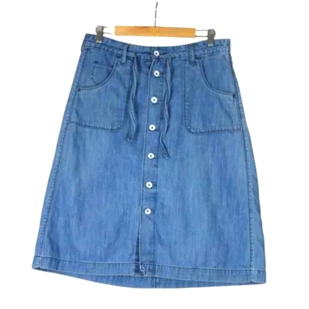 Vintage Levi's 90s Y2k Button Front Chambray Blue Denim Midi Skirt 10